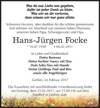 Traueranzeige von Hans-Jürgen Focke von Mitteldeutsche Zeitung Bernburg