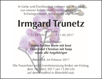 Traueranzeige von Irmgard Trunetz von WVG - Wochenspiegel Bitterfeld