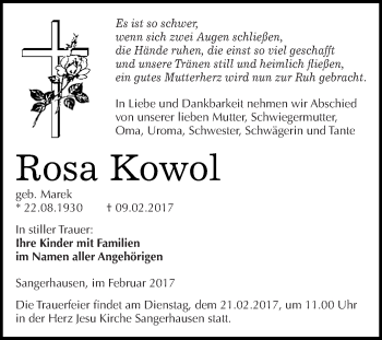 Traueranzeige von Rosa Kowol von Super Sonntag SGH Mansf. Land