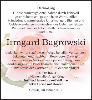 Traueranzeige von Irmgard Bagrowski von Mitteldeutsche Zeitung Wittenberg
