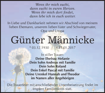 Traueranzeige von Günter Männicke von WVG - Wochenspiegel Bitterfeld