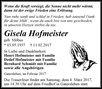 Traueranzeige von Gisela Hofmeister von Mitteldeutsche Zeitung
