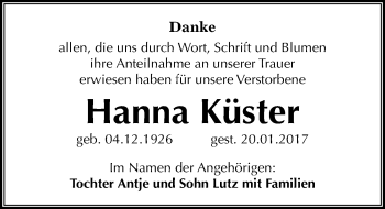 Traueranzeige von Hanna Küster von Mitteldeutsche Zeitung Bitterfeld