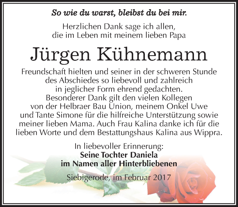  Traueranzeige für Jürgen Kühnemann vom 14.02.2017 aus Mitteldeutsche Zeitung Mansfelder Land