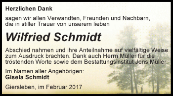 Traueranzeige von Wilfried Schmidt von Super Sonntag SGH Mansf. Land
