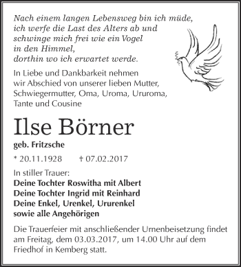 Traueranzeige von Ilse Börner von Super Sonntag Wittenberg