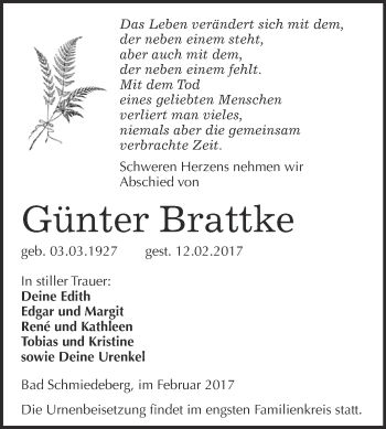 Traueranzeige von Günter Brattke von Super Sonntag Wittenberg