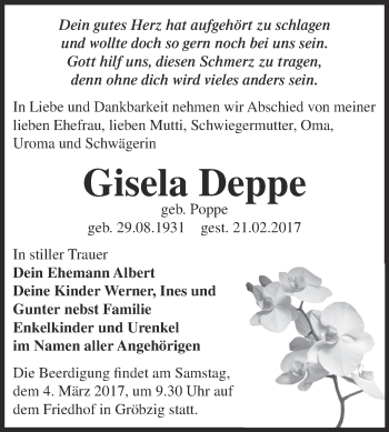 Traueranzeige von Gisela Deppe von WVG - Wochenspiegel Dessau / Köthen
