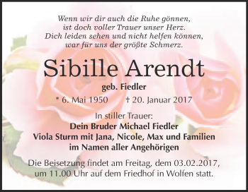 Traueranzeige von Sibille Arendt von WVG - Wochenspiegel Bitterfeld
