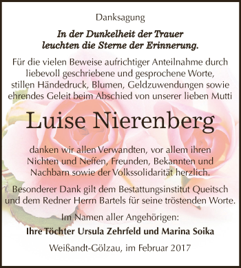 Traueranzeige von Luise Nierenberg von WVG - Wochenspiegel Dessau / Köthen