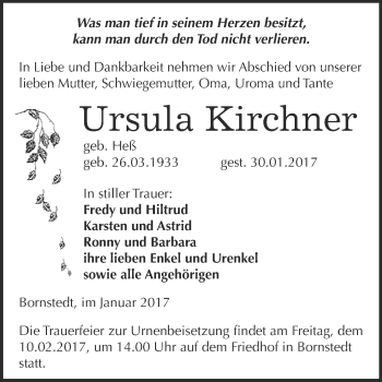 Traueranzeige von Ursula Kirchner von Super Sonntag SGH Mansf. Land