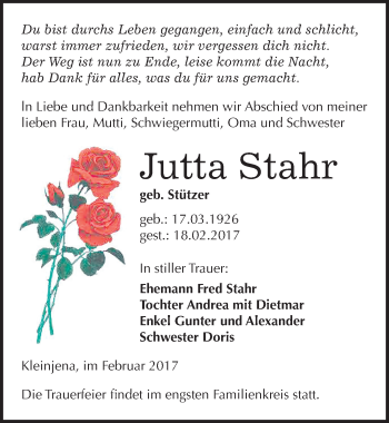 Traueranzeige von Jutta Stahr von Mitteldeutsche Zeitung Naumburg/Nebra