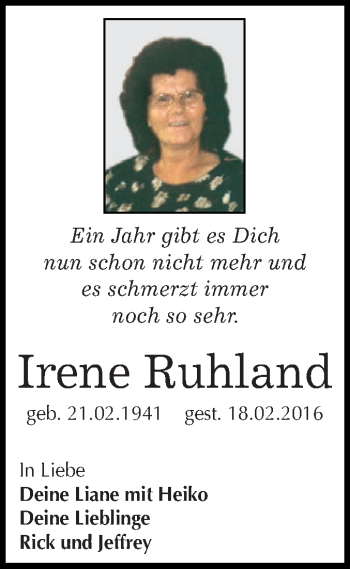 Traueranzeige von Irene Ruhland von WVG - Wochenspiegel Dessau / Köthen