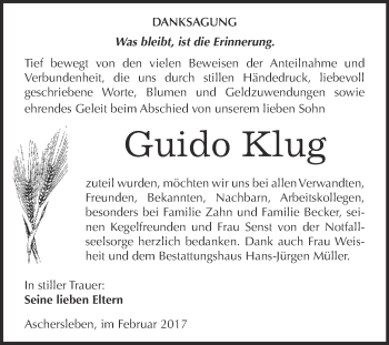 Traueranzeige von Guido Klug von Super Sonntag SGH Mansf. Land