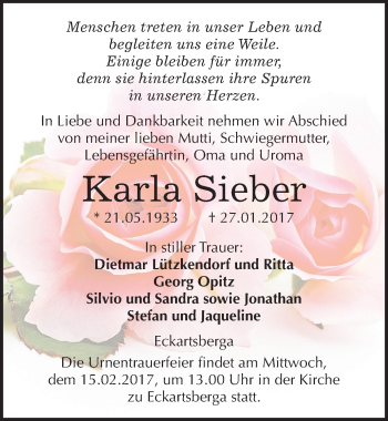 Traueranzeige von Karla Sieber von Mitteldeutsche Zeitung Naumburg/Nebra