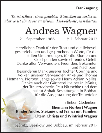 Traueranzeige von Andrea Wagner von Mitteldeutsche Zeitung Bitterfeld