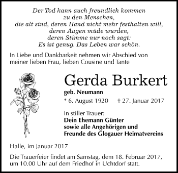 Traueranzeige von Gerda Burkert von Mitteldeutsche Zeitung Halle/Saalkreis