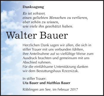 Traueranzeige von Walter Bauer von Mitteldeutsche Zeitung Mansfelder Land