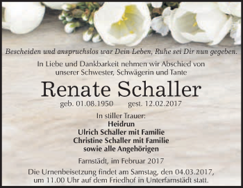 Traueranzeige von Renate Schaller von Super Sonntag Halle