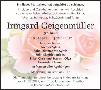 Traueranzeige von Irmgard Geigenmüller von Super Sonntag Halle