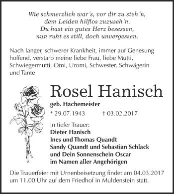 Traueranzeige von Rosel Hanisch von WVG - Wochenspiegel Bitterfeld