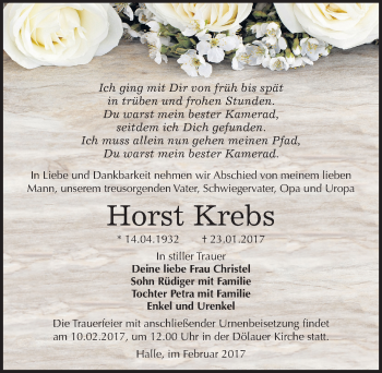 Traueranzeige von Horst Krebs von Mitteldeutsche Zeitung Halle/Saalkreis