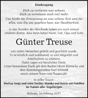 Traueranzeige von Günter Treuse von WVG - Wochenspiegel NMB / WSF / ZTZ