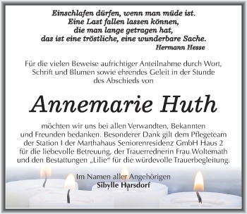 Traueranzeige von Annemarie Huth von Mitteldeutsche Zeitung Dessau-Roßlau