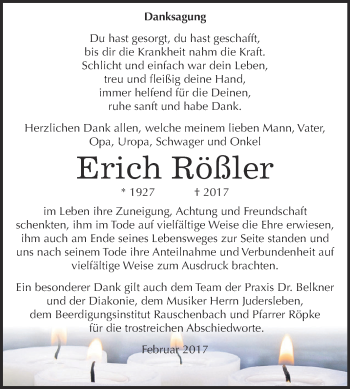 Traueranzeige von Erich Rößler von WVG - Wochenspiegel NMB / WSF / ZTZ