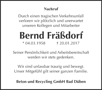 Traueranzeige von Bernd Fräßdorf von Super Sonntag Wittenberg