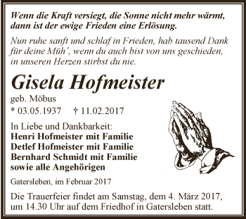 Traueranzeige von Gisela Hofmeister von LQBG,LALN