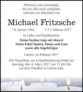 Traueranzeige von Michael Fritzsche von WVG - Wochenspiegel NMB / WSF / ZTZ