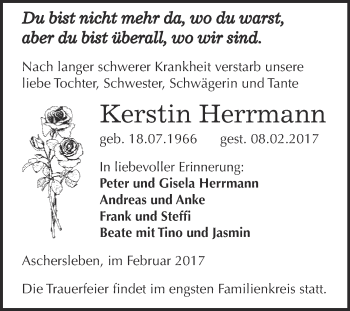 Traueranzeige von Kerstin Herrmann von Super Sonntag SGH Mansf. Land