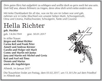 Traueranzeige von Hella Richter von Mitteldeutsche Zeitung Sangerhausen