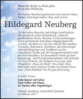 Traueranzeige von Hildegard Neuberg von Mitteldeutsche Zeitung Merseburg/Querfurt