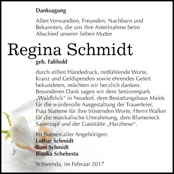 Traueranzeige von Regina Schmidt von Super Sonntag SGH Mansf. Land