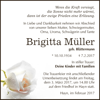 Traueranzeige von Brigitta Müller von Super Sonntag SGH Mansf. Land
