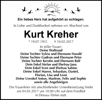 Traueranzeige von Kurt Kreher von Mitteldeutsche Zeitung Dessau-Roßlau