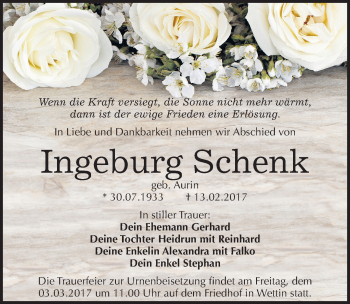 Traueranzeige von Ingeburg Schenk von Mitteldeutsche Zeitung Halle/Saalkreis