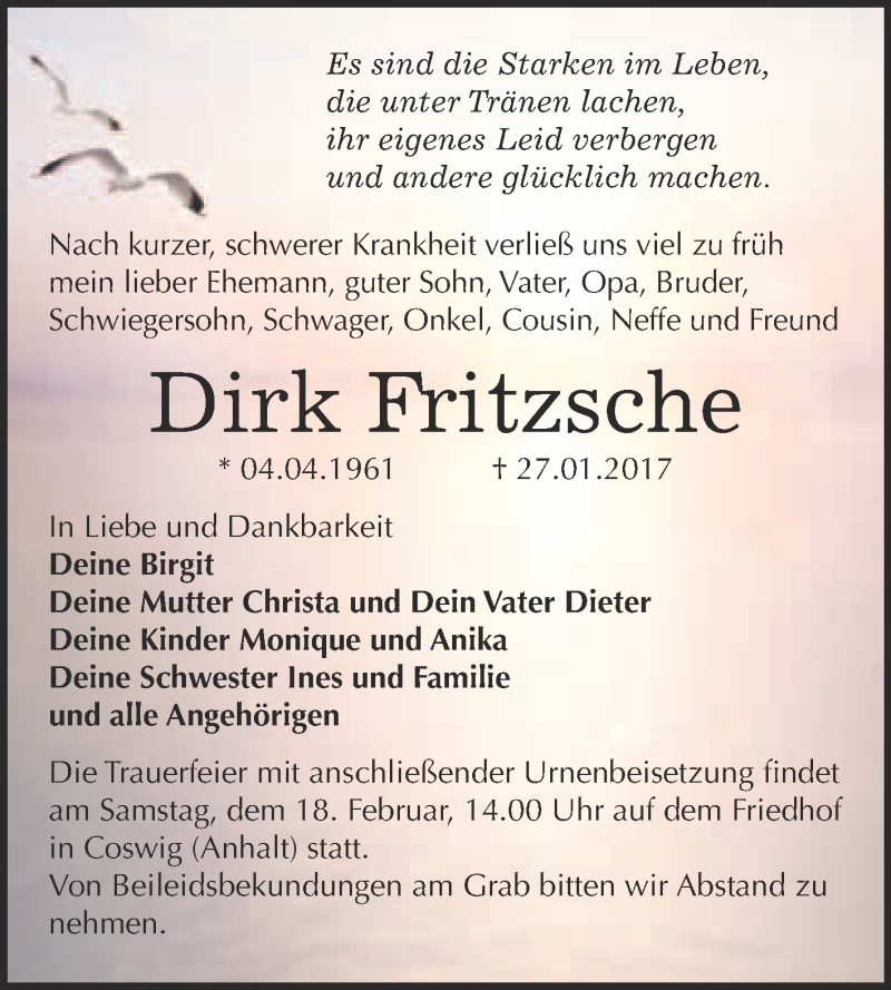  Traueranzeige für Dirk Fritzsche vom 04.02.2017 aus Super Sonntag Wittenberg