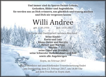 Traueranzeige von Willi Andree von Super Sonntag SGH Mansf. Land