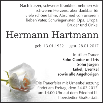 Traueranzeige von Hermann Hartmann von Super Sonntag Bernburg
