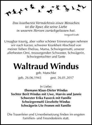 Traueranzeige von Waltraud Windus von Mitteldeutsche Zeitung Bitterfeld