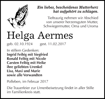 Traueranzeige von Helga Aermes von Super Sonntag SGH Mansf. Land