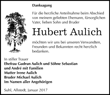 Traueranzeige von Hubert Aulich von Mitteldeutsche Zeitung Sangerhausen
