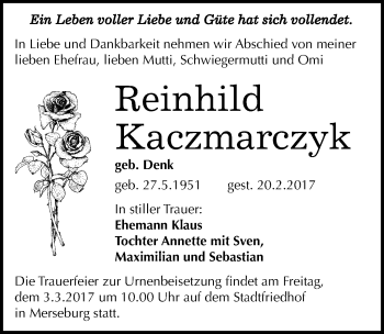 Traueranzeige von Reinhild Kaczmarczyk von Mitteldeutsche Zeitung Merseburg/Querfurt
