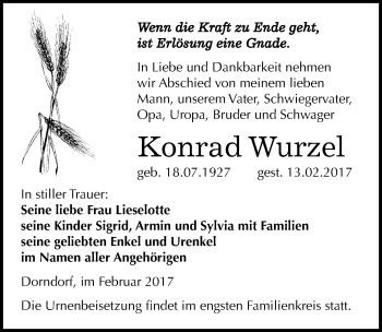 Traueranzeige von Konrad Wurzel von Mitteldeutsche Zeitung Naumburg/Nebra