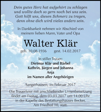Traueranzeige von Walter Klär von Super Sonntag SGH Mansf. Land