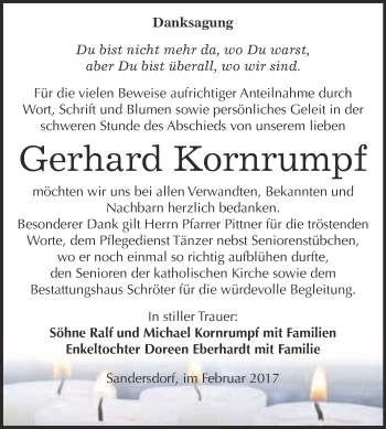 Traueranzeige von Gerhard Kornrumpf von WVG - Wochenspiegel Bitterfeld
