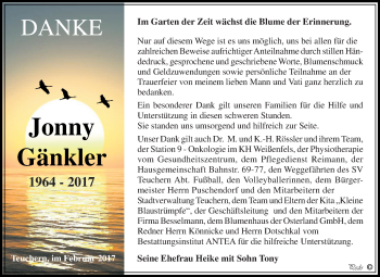 Traueranzeige von Jonny Gänkler von WVG - Wochenspiegel NMB / WSF / ZTZ